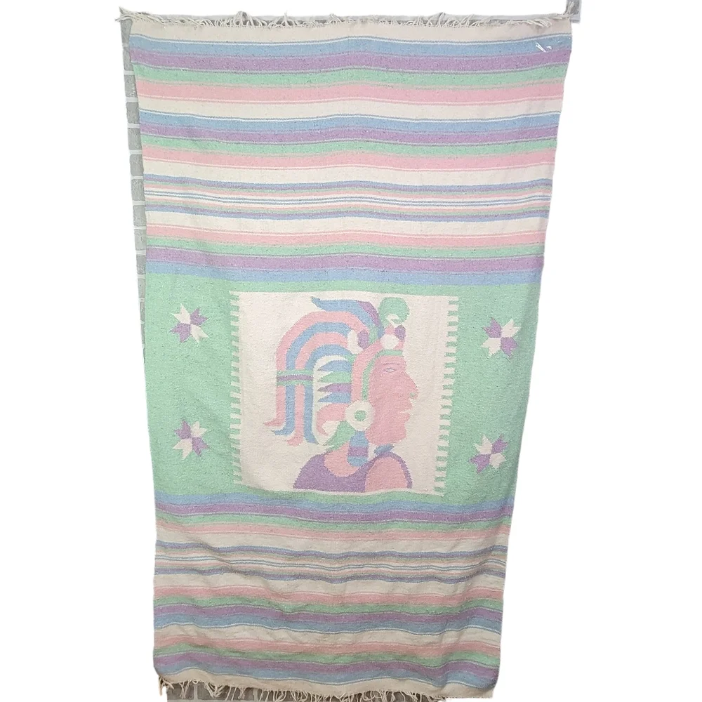 Pastel Striped Aztec Warrior Native American Woven Fringe Saddle Blanket 45x80